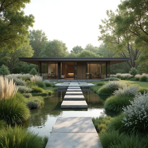 A pond is located in a depression of a countryside area that is immersed in greenery, surrounded by lush decorative grasses and blooming plants that create a cozy atmosphere. In the background, there is a minimalist-style house rendered with realistic deta...