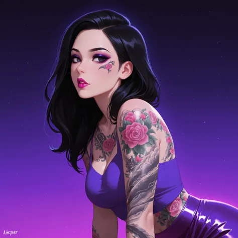 1girl, black hair, makeup, lipstick, lipgloss, purple top, purple skirt, body tattoo 