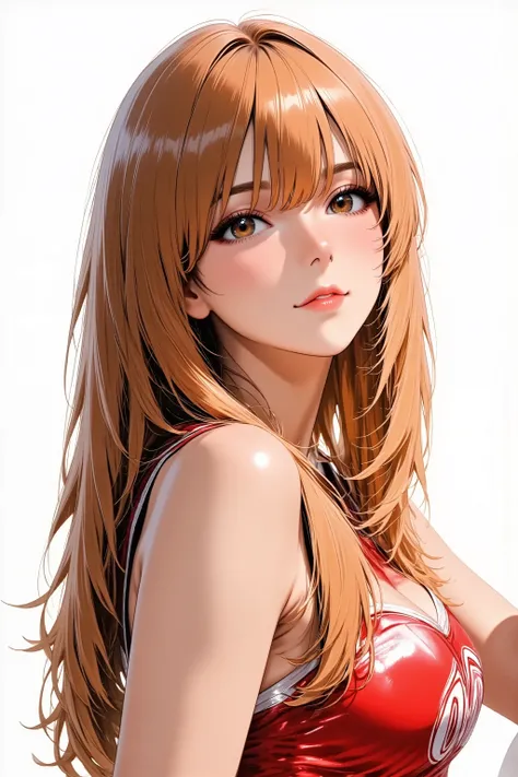 1girl, long hair, silky straight hair, makeup, red lips, facing up, looking at viewer, light smile, cheerleader costume, from side, upper body