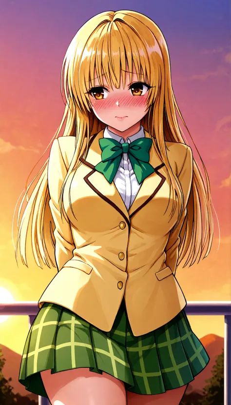 masterpiece, best quality, highres, 1girl, solo, blonde straight hair, brown eyes, sainan school winter uniform , blazer, yellow jacket, long sleeves,white frill shirt ,plaid skirt,green bowtie, green skirt, ,sunset ,school outdoor,arms behind back , from ...