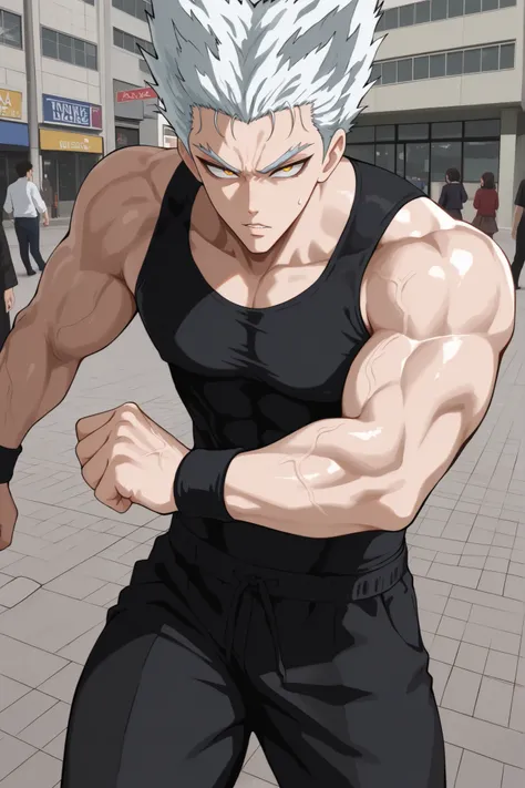 1 person, Garou, One Punch Man original style, Webtoon Art,clean line art, silver short hair , original unique texture, cynicism, high cheekbones, sharp jawline, intense and intense X} contrasting urban background,
painting by one artist, dynamic pose, ...