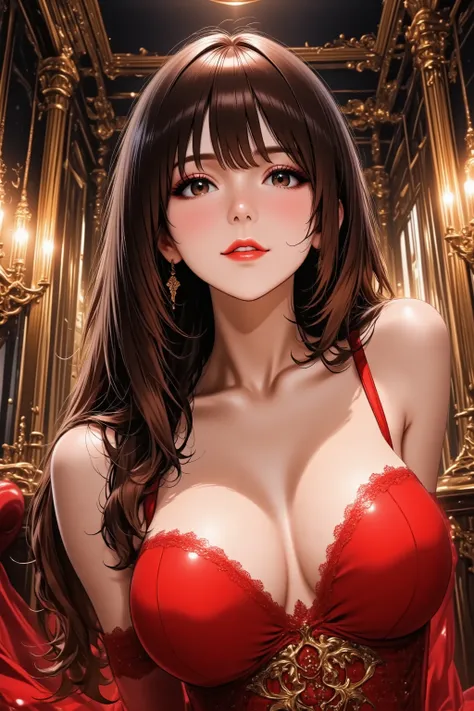 1girl, long hair, silky straight hair, makeup, red lips, facing up, looking at viewer, light smile, glamorous cabaret girl, from side, full body