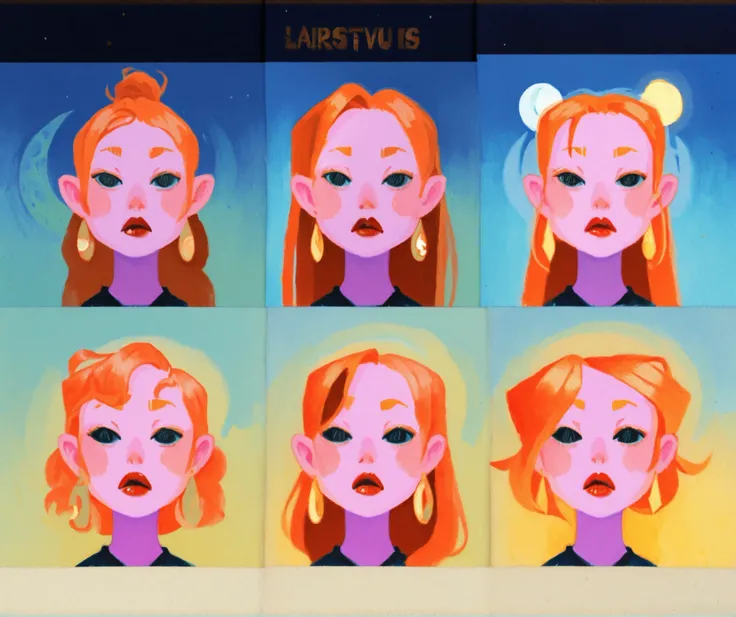 gouache portrait of 1girl, copper hair, black eyes, fair pink skin, golden earrings, red lips, black clothing, digital painting, hand-painted gouache illustration, smooth painterly brushstrokes, expressive eyes, bold eyebrows, soft shading, matte finish, a...