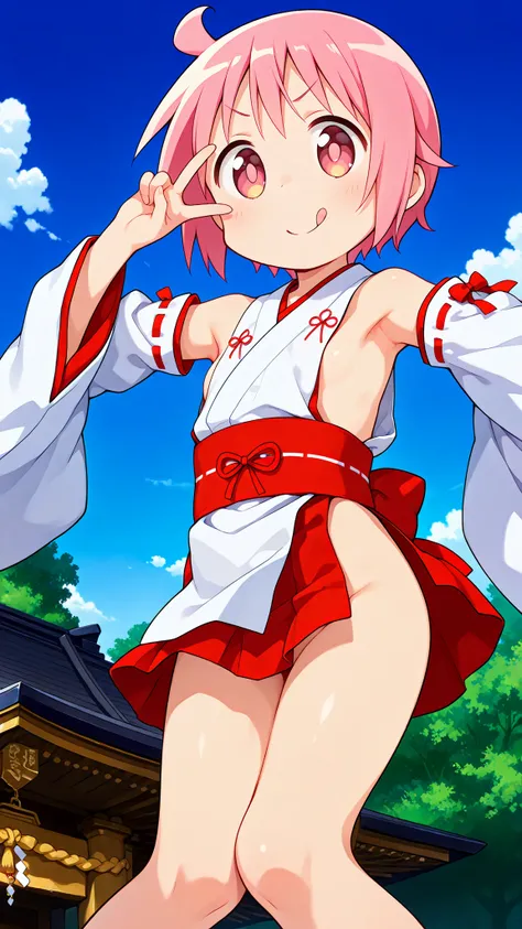 (nsfw),nonohara yuzuko, pink hair, short hair,(ahoge), pink eyes,bangs,((anime style)),score_9, score_8_up, score_7_up,source_anime,solo,1girl, ((miko)), ((((mini slit red skirt)))),((Obi)) ,((Obi knot)), (flat chest) , ((side boob)) , (No panties) , ((exp...