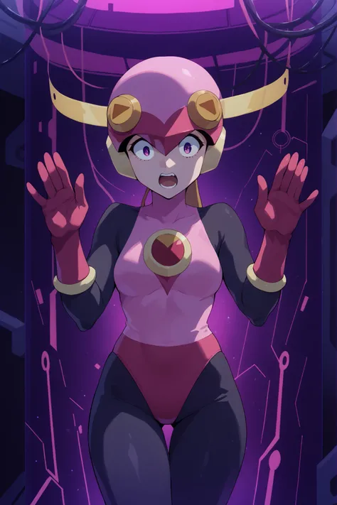 Roll_.exe_megaman. Pink helmet. Surprised expression. SURPRISE. Purple effect on helmet. Glossy. Black bodysuit. Pink leotard. Red pants.  Pink long gloves. Slender body. Big waist. Detailed thighs. Up hands. Asymmetric standing pose. Asymmetric pose. Mech...