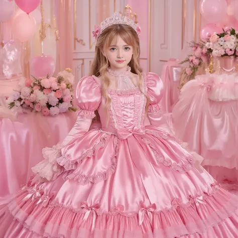 ,Highest Quality, masterpiece, highest resolution, art work, super それにget used to it, many get used to it, get used to it, それにget used to it, 3k photos,,((10 year old European girl)),The three are princesses,Long Ball Gown Dress with Hoop Skirt,ruffled yok...