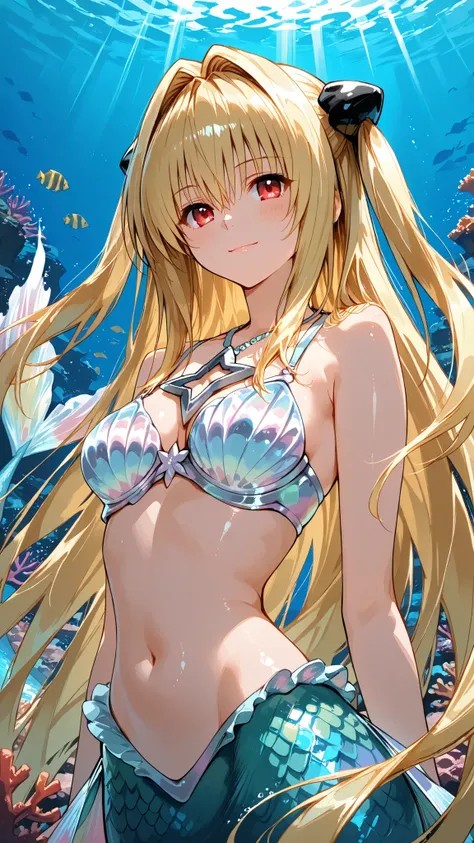 solo, Konjiki no Yami, very long hair,blonde hair,two side up,hair ornament,hair intakes,hair between eyes,bangs,red eyes, Tight waist、Small waist、shiny Skin , (upper body), light smile, an intricate mermaid cosplay, swimming gracefully in a crystal clear...