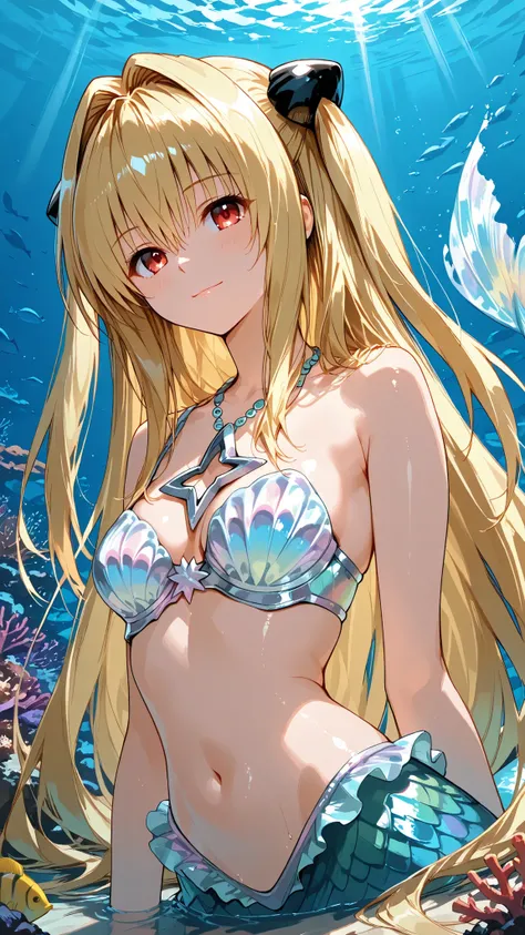 solo, Konjiki no Yami, very long hair,blonde hair,two side up,hair ornament,hair intakes,hair between eyes,bangs,red eyes, Tight waist、Small waist、shiny Skin , (upper body), light smile, an intricate mermaid cosplay, swimming gracefully in a crystal clear...