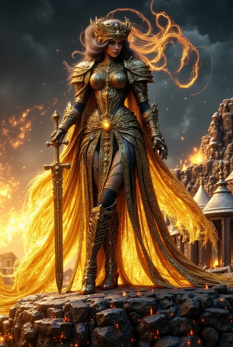 DarkDisciple,,black and white line drawing,Digital Artwork, Intricate,ornate,swirling patterns,hkmagic,A powerful female warrior stands tall in gold-decorated iron armor, a realistic digital artwork. She holds a sword that reflects the sunset, her visible ...