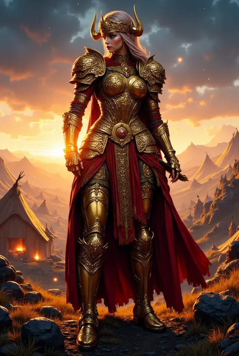 A powerful female warrior stands tall in gold-decorated iron armor, a realistic digital artwork. She holds a sword that reflects the sunset, her visible muscles show her formidable strength. Intricately carved iron plates, leather ankle boots like a warrio...