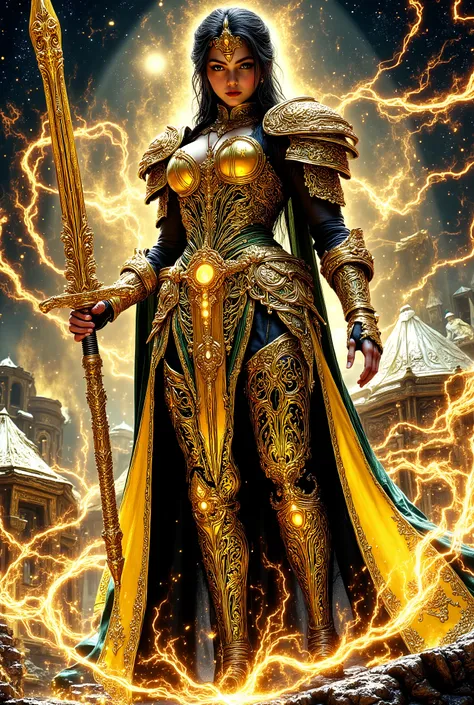 DarkDisciple,,black and white line drawing,Digital Artwork, Intricate,ornate,swirling patterns,hkmagic,A powerful female warrior stands tall in gold-decorated iron armor, a realistic digital artwork. She holds a sword that reflects the sunset, her visible ...