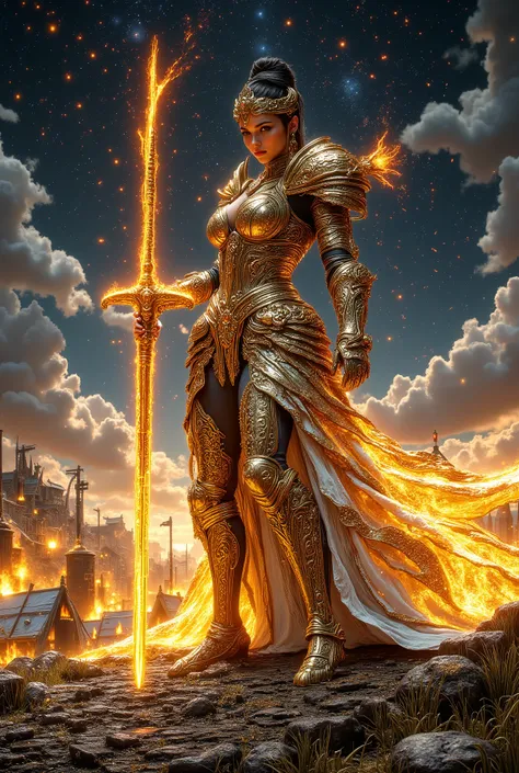 DarkDisciple,,black and white line drawing,Digital Artwork, Intricate,ornate,swirling patterns,hkmagic,A powerful female warrior stands tall in gold-decorated iron armor, a realistic digital artwork. She holds a sword that reflects the sunset, her visible ...