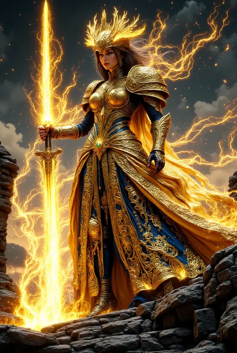 DarkDisciple, Black and white line drawing, Digital art, Intricate pattern, Swirl pattern, hkmagic, A powerful female warrior stands tall in gold-decorated steel armor. Realistic digital art. She holds a sword that reflects the sunset. The visible muscles ...