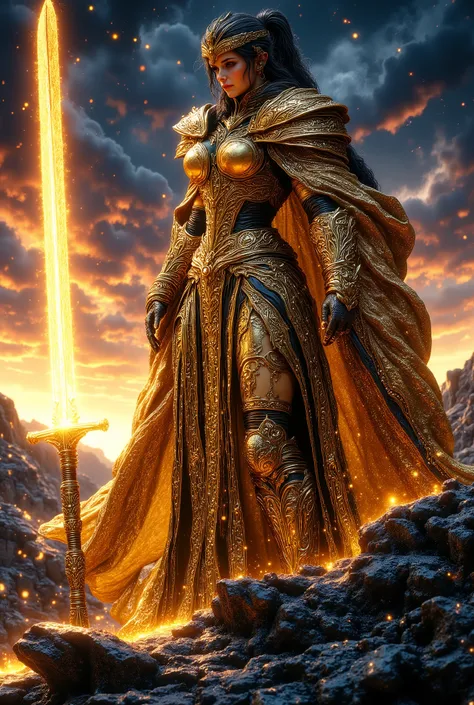 DarkDisciple, Black and white line drawing, Digital art, Intricate pattern, Swirl pattern, hkmagic, A powerful female warrior stands tall in gold-decorated steel armor. Realistic digital art. She holds a sword that reflects the sunset. The visible muscles ...