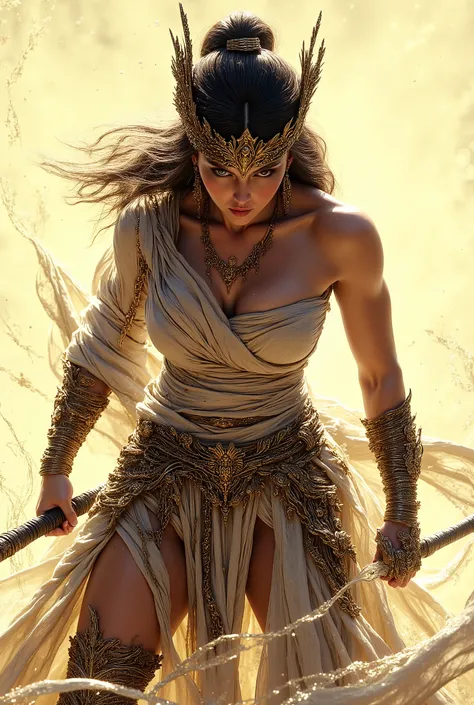A dynamic scene featuring a powerful female warrior poised for action, set against a minimalistic cream backdrop. The subject exhibits strong musculature, indicative of strength and determination, adorned in draped fabric that adds movement. Dramatic light...