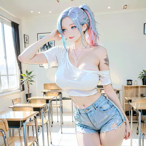 1 sexy girl , ( Two-tone hair , Light Blue Hair Pink Hair ), blue eyes , White-toned bedroom with window , big breasts , big breasts , Beautiful round chest , Perfect chest , titsนูน , titsยื่น , titsแหลม , tits , Dwas's body , Slim legs , big hips , Big ...