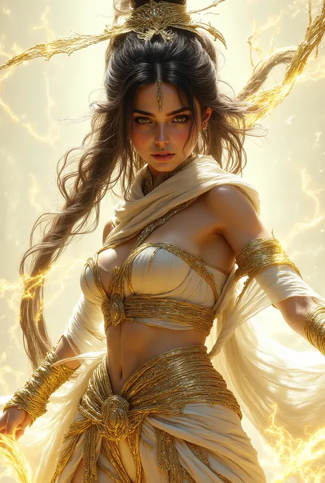 A dynamic scene featuring a powerful female warrior poised for action, set against a minimalistic cream backdrop. The subject exhibits strong musculature, indicative of strength and determination, adorned in draped fabric that adds movement. Dramatic light...