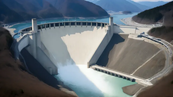 8k,Ultra Hi-Res:high resolution images、(realistic expression:1.5),Toyama Prefecture、(the huge Kurobe dam that was completed:1.5)、(The elegance and treatment of Kurobe Dam:1.5),(The huge Kurobe Arch Dam that was completed:1.5),(teeth、It flows like fog from ...