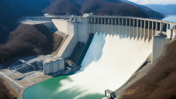 8k,Ultra Hi-Res:high resolution images、(realistic expression:1.5),Toyama Prefecture、(the huge Kurobe dam that was completed:1.5)、(The elegance and treatment of Kurobe Dam:1.5),(The huge Kurobe Arch Dam that was completed:1.5),(teeth、It flows like fog from ...