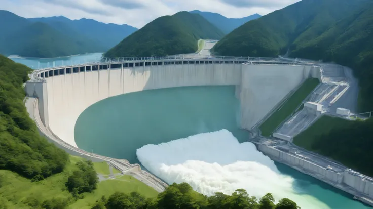 8k,Ultra Hi-Res:high resolution images、(realistic expression:1.5),Toyama Prefecture、(the huge Kurobe dam that was completed:1.5)、(The elegance and treatment of Kurobe Dam:1.5),(The huge Kurobe Arch Dam that was completed:1.5),(teeth、It flows like fog from ...
