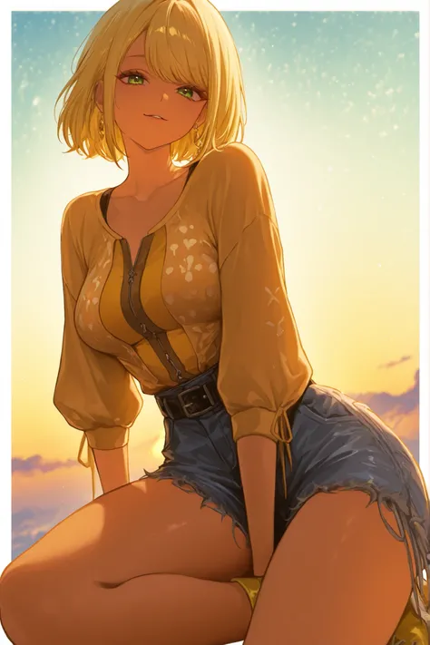 The female anime character has large, sky blue shorts that sit on her waist, , giving her volume and a lively appearance. Her facial features are simplistic, with a pair of green eyes and a mouth small outlined in black. ela usa um, that contrasts with its...