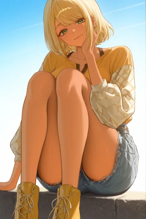 The female anime character has large, sky blue shorts that sit on her waist, , giving her volume and a lively appearance. Her facial features are simplistic, with a pair of green eyes and a mouth small outlined in black. ela usa um, that contrasts with its...