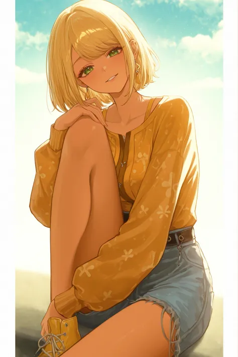 The female anime character has large, sky blue shorts that sit on her waist, , giving her volume and a lively appearance. Her facial features are simplistic, with a pair of green eyes and a mouth small outlined in black. ela usa um, that contrasts with its...