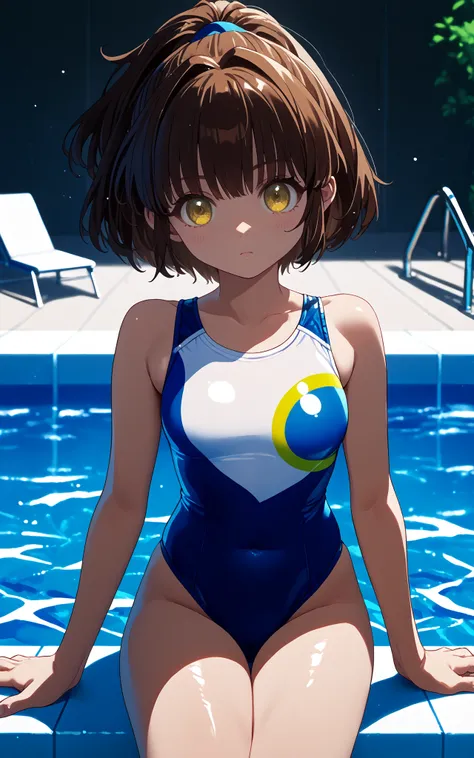 , 1 girl, Alone, brown hair、yellow eyes,ponytail. blue hair .   short hair,   red.yellow blue. competitive water(swimming、  Pool)(Swimsuit with swim tag)swimsuit with Japanese mark)female athletes only、protect the Japanese mark as an athlete( Poolサイド)(swim...