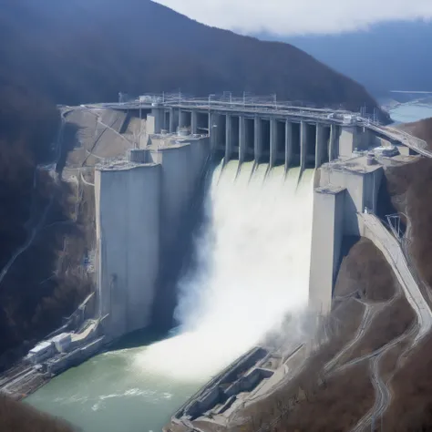 8k,Ultra Hi-Res:high resolution images、(realistic expression:1.5),Toyama Prefecture、(the huge Kurobe dam that was completed:1.5)、(The elegance and treatment of Kurobe Dam:1.5),(The huge Kurobe Arch Dam that was completed:1.5),(It flows like fog from the 18...