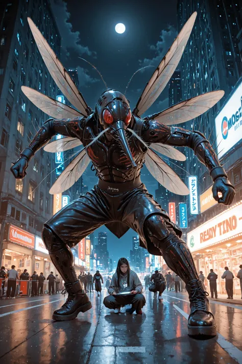 laptop background, 8k, high quality, like a movie, mosquito theme,  Japanese oldman, long hair,Boxing woman fighting mosquito monster, using mask, ready for battle, exterminating mosquito monster,  action-packed, night, moonlight, in city