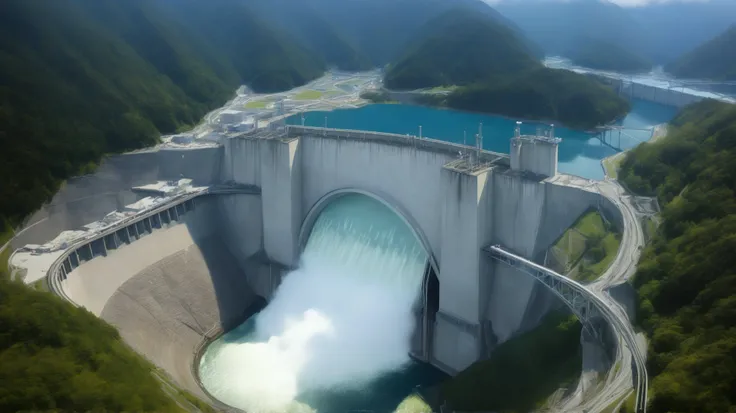 8k,Ultra Hi-Res:high resolution images、(realistic expression:1.5),Toyama Prefecture、(the huge Kurobe dam that was completed:1.5)、(The elegance and treatment of Kurobe Dam:1.5),(The huge Kurobe Arch Dam that was completed:1.5),(It flows like fog from the 18...