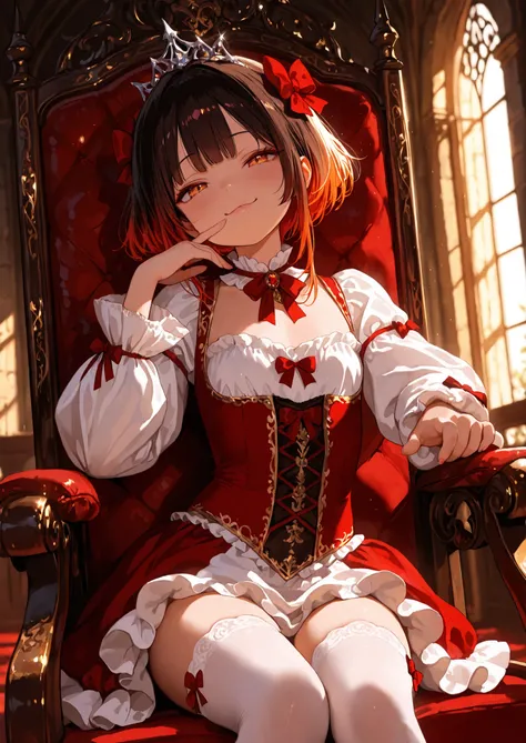 1girl, solo, young loli, princess, smug, petite but curvy, ribbons, fancy haircut, ribbons, frills, stockings, sitting on a magnificent throne, medieval fantasy room, beautiful decorations, seductive, sexy pose, alluring atmosphere, cinematic lighting and ...