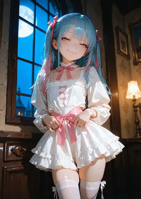 1girl, solo, young loli, princess, smug, petite but curvy, ribbons, blue hair with pink highlights, ribbons, frills, stockings, standing near a window, medieval fantasy room, beautiful decorations, night time, seductive, sexy pose, alluring atmosphere, cin...