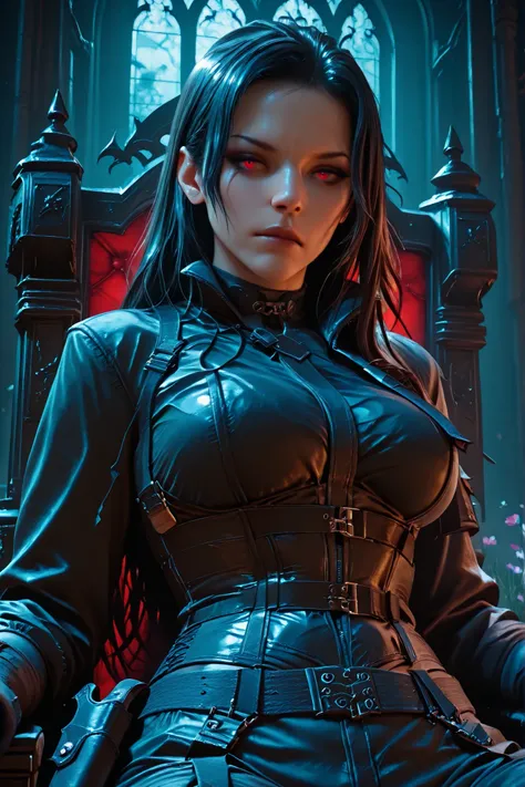 UHD, masterpiece, anatomically correct, super detail, best quality, high-res, 16k, solo, 1girl, Long straight jet black hair, red eyes, neutral face, makeup, Captain jacket, corset, belts, push up breasts corset, pistol holsters, medium breasts, slender bo...
