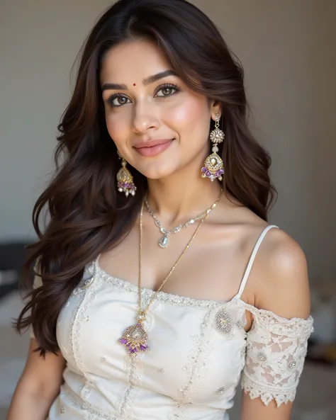 anaswarasdxl, Full body image of a 20 year old Indian girl with smiling look, fair skin tone, light grey eyes, fox eyelashes, thin eyebrows, black eye liner, silver eyeshadow, natural blush, and red lipstick. Her hairs are long, brown, wavy and stylish. Sh...