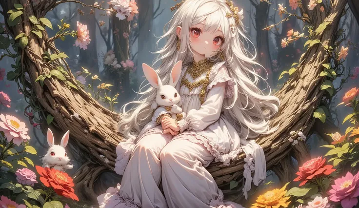 (Highest Quality, Super Detailed:1.5), 8k,(one girl), (Elf Girl with Rabbit Ears:1.5),platinum blonde hair, very long hair, round eyes,(Rabbit Ears Grow:1.5), (anatomically accurate hands:1.5),(  RED Beautiful Eyes  :1.5), full body, raise arms back, small...