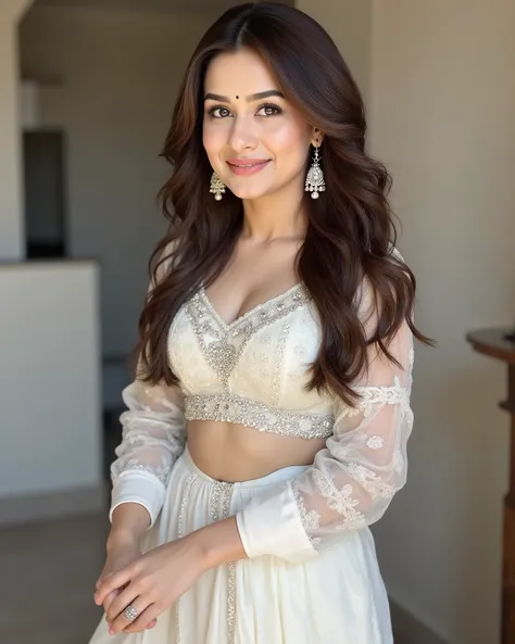 anaswarasdxl, Full body image of a 20 year old Indian girl with smiling look, fair skin tone, light grey eyes, fox eyelashes, thin eyebrows, black eye liner, silver eyeshadow, natural blush, and red lipstick. Her hairs are long, brown, wavy and stylish. Sh...