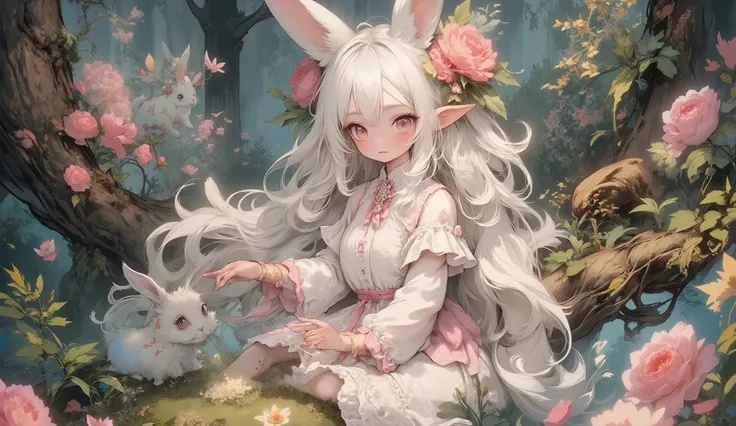(Highest Quality, Super Detailed:1.5), 8k,(one girl), (Elf Girl with Rabbit Ears:1.5),platinum blonde hair, very long hair, round eyes,(Rabbit Ears Grow:1.5), (anatomically accurate hands:1.5),( RED Beautiful Eyes :1.5), full body, Lift Your Arms Back, sma...