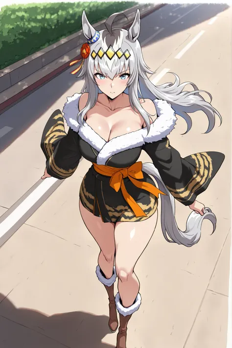 (masterpiece, Highest Quality, perfect face:1.4), Wide angle, Oguri, long hair, horse ears, grey hair, ahoge, horse tail, blue eyes,multicolored hair, ogli cap \(Uma Musume\),Running figure, 1 girl, blue eyes, multi colored hair, long hair, Gray Hair, stup...