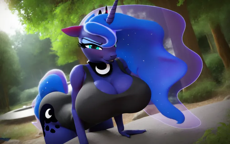 score_9,score_8,score_7,score_6, 1pony, (detailed Princess Luna), close 3/4 face view, in tight sport outfit, closed top, pure realistic skin, big breasts, huge heaps, glare on heaps, 4k light, almost reeping outfit, sfw, high res, commision, 8k, high satu...