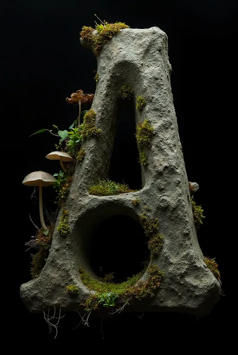 Letter A. A brutalist stone ring, its irregular
shaped, some corners are sharp, some are
round, bits of it are broken off, its overgrown
with moss, vines, mushrooms and flora. on a
black background --v 6.1 --stylize 150 --profile
k52]r7g