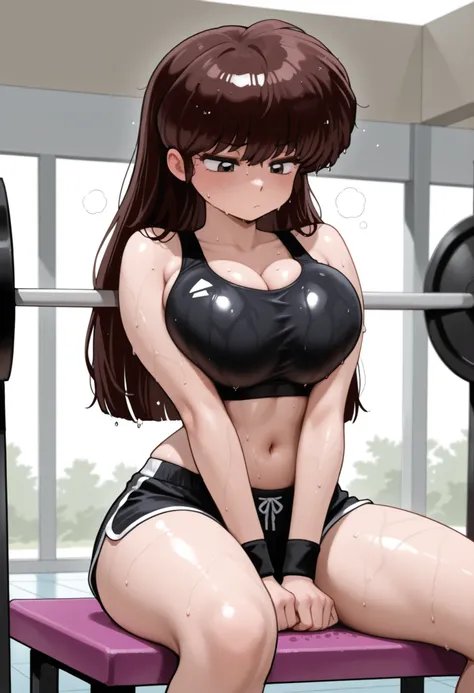 uk (ranma 1/2), dark brown hair, long hair, ojos cafes, Pechos grandes, NSFW,  hair on face , wet hair, abdomen sexy, pose sexy, sexy waist,  sexy hips, workout clothes, black workout top, ultra detailed black shorts, bare navel, sweat, vapor corporal, blu...