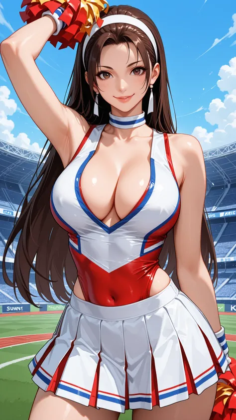masterpiece,the best quality,high resolution,ultra detailed,1girl,Alone,Chizuru kagura (The king of fighters),long dark brown hair,white headband for hair,mature female,funny,slim body,with a sexy cheerleader uniform,red and white cheerleader short top,plu...