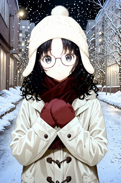 1girl, close-up, (snowfall), near viewer, portrait, calm, curious eyes, blue eyes, glasses, tortoiseshell glasses rim, square glasses, black hair, very curly hair, parted bangs, spiral hair, standing, 3/4 angle, looking at viewer, shy, grey coat, checkered...