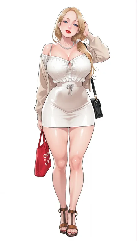 Yumi (New Town), a beautiful extremely sexy woman with long glowy sleek yellow-blonde hair, blue eyes, bimbo plump round red lips, bright red nails, extremely fair white glowy skin, a cinched small tight narrow waist, an hourglass figure, big breasts, a sm...