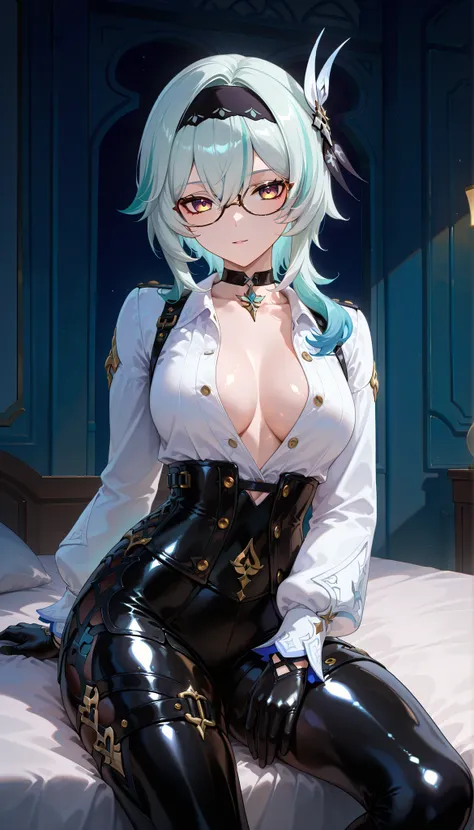 ((dark filter)), BREAK EulasDxL,a woman, Alone, Above a man on a bed, looking at the spectator, seductive expression, eyeglasses, hair ornament, medium length, Gloves, Chest Harness , long sleeves white, ((cabello azul)), yellow eyes, headband, medium ...