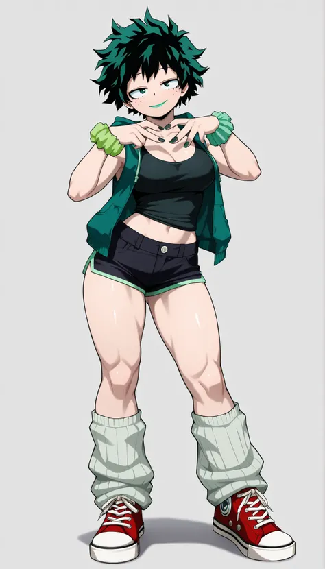 ((Highest Quality)), ((simple light grey background)), (My Hero Academia Style), (by day), 1female, female, medium Breast, thighs, hips, thick shins, solo, Athletic body, tall, standing, (Full Body), Midoriya Izuku, gender bender, half-closed eyes, green ...