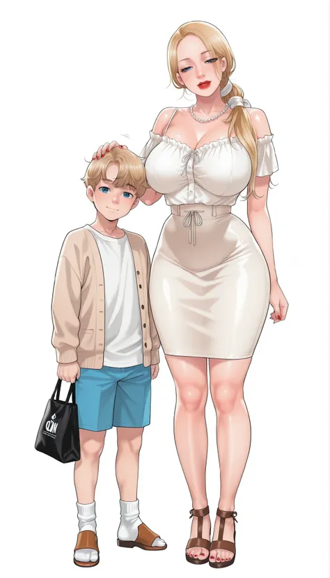 Yumi (New Town), a beautiful extremely sexy woman with long glowy sleek yellow-blonde hair, blue eyes, bimbo plump round red lips, bright red nails, extremely fair white glowy skin, a cinched small tight narrow waist, an hourglass figure, big breasts, a sm...