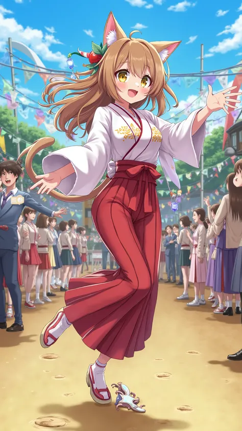 high-definition images、Neko Musume is the leader of the cheering team at the Honor Student Yankee、Academy Festival and swings around with a haori hakama。