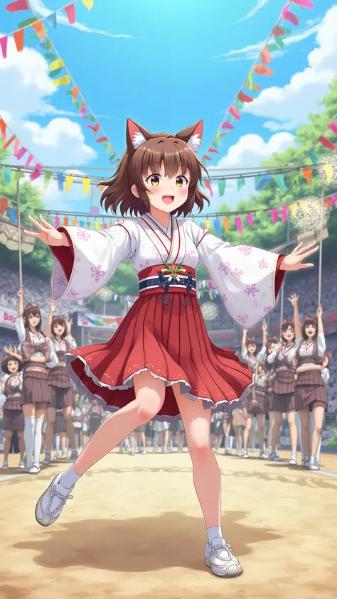 high-definition images、Neko Musume is the leader of the cheering team at the Honor Student Yankee、Academy Festival and swings around with a haori hakama。